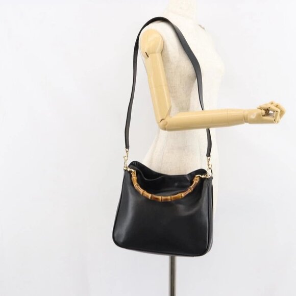 GUCCI Bamboo Shoulder Bag Leather Black Gold 001 3166 Auth 150409 - Picture 16 of 16